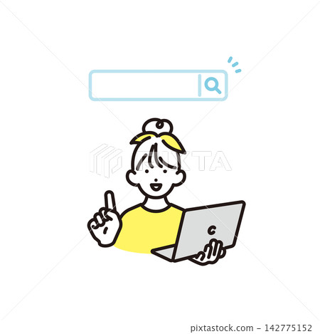 Simple illustration: A young elementary school girl holding a laptop and pointing to the search bar. Vector illustration. Simple illustration: A young elementary school girl holding a laptop and pointing to the search bar. Vector illustration. 142775152