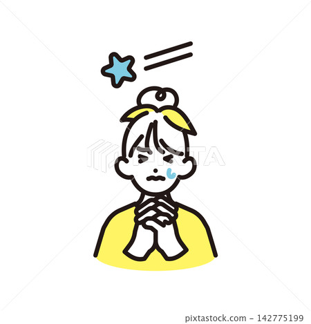 簡筆畫：一位小學生對著流星許願（向量圖） 142775199