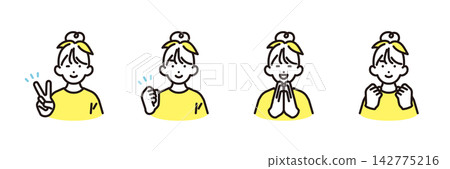 Simple illustrations: A set of 4 vector illustrations of elementary school girls with positive expressions. Simple illustrations: A set of 4 vector illustrations of elementary school girls with positive expressions. 142775216