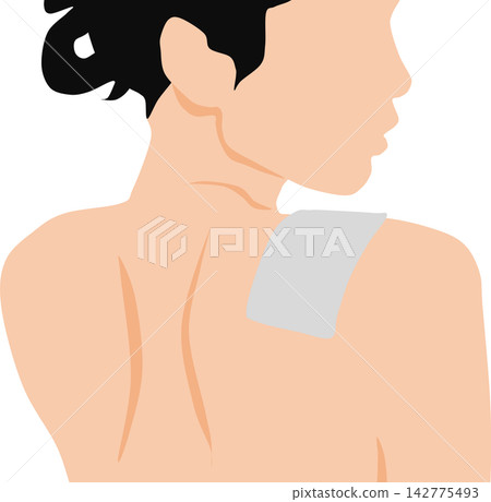 Illustration of a woman with a pain relief patch on her shoulder. Illustration of a woman with a pain relief patch on her shoulder. 142775493