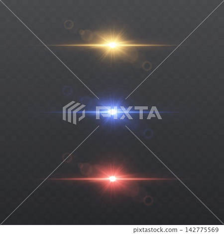 Three distinct light effects featuring horizontal rays and optical flares on a transparent background Three distinct light effects featuring horizontal rays and optical flares on a transparent background 142775569