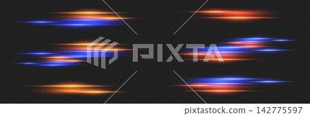 Glowing blue and orange light lines creating a fast motion effect on a dark background 142775597