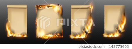 Old paper sheets burning with fire and smoke on a transparent background 142775603