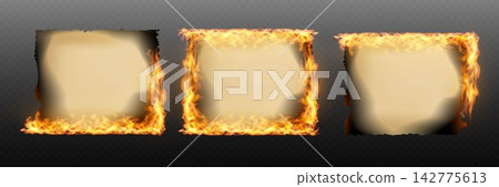 Burning old paper frame with realistic flames on transparent background 142775613