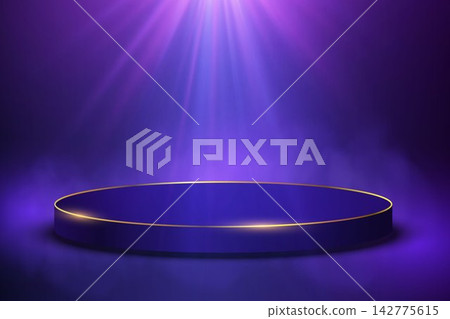 Empty round stage with golden rim and bright spotlight creating a vibrant purple background Empty round stage with golden rim and bright spotlight creating a vibrant purple background 142775615