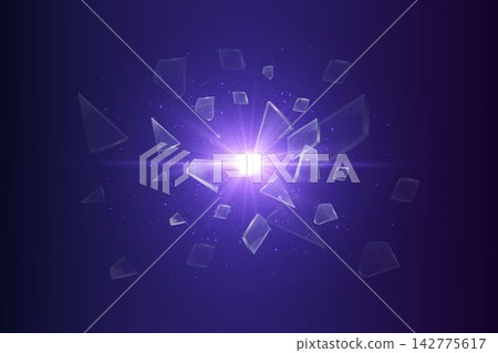 Shards of broken glass flying outwards from a bright light ray on a dark background 142775617