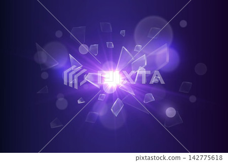 Glass shards flying outwards from a central bright purple explosion with bokeh effects 142775618