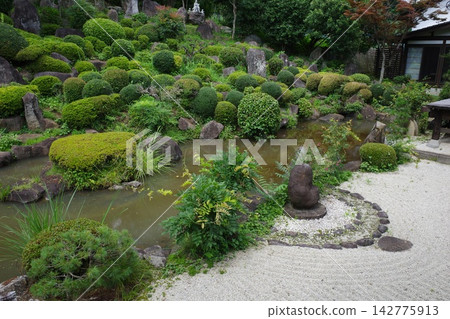 山梨縣大藏寺的庭院,內有池塘和部分枯山水庭園。 山梨縣大藏寺的庭院,內有池塘和部分枯山水庭園。 142775913
