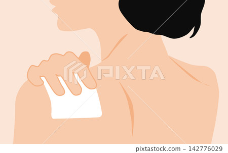 Illustration of a woman with a pain relief patch on her shoulder. Illustration of a woman with a pain relief patch on her shoulder. 142776029