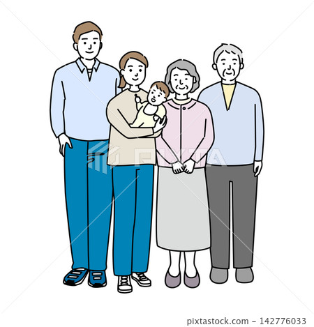 一家人站在一起（父母、子女和祖父母） 142776033