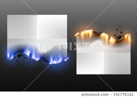 White paper sheets burning with hot fire and embers on a transparent background White paper sheets burning with hot fire and embers on a transparent background 142776182