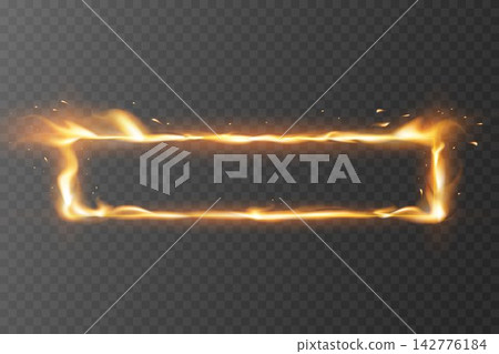 Burning fire energy forms a glowing rectangular border with sparks on transparent background Burning fire energy forms a glowing rectangular border with sparks on transparent background 142776184