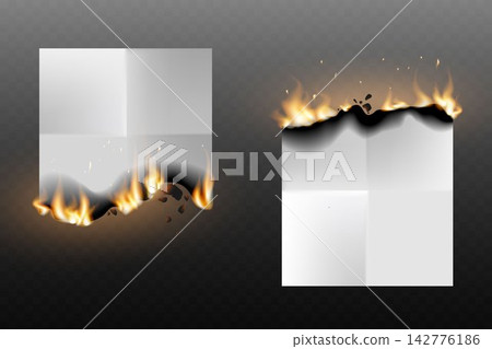 Two pieces of white folded paper burning with fire and developing smoke on a transparent background Two pieces of white folded paper burning with fire and developing smoke on a transparent background 142776186