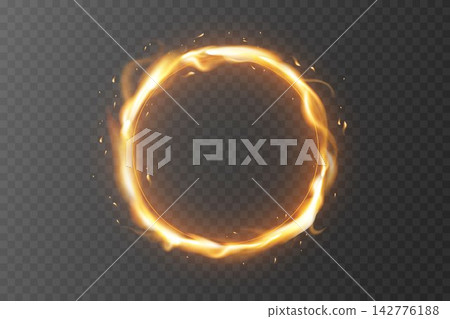 Fiery circle creating glowing light effect with orange flames and embers on transparent background Fiery circle creating glowing light effect with orange flames and embers on transparent background 142776188