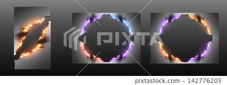 Paper frames burning with orange flames and colorful glowing energy around dark holes Paper frames burning with orange flames and colorful glowing energy around dark holes 142776205