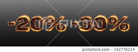 Flaming numbers minus twenty and minus thirty percent symbolizing a limited time hot sale 142776214