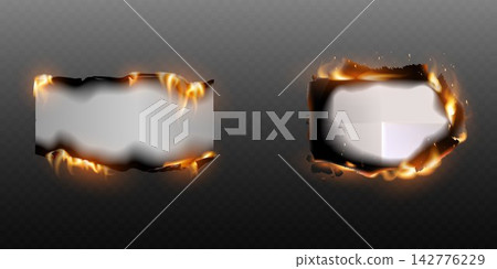 Burning paper edges with fire and smoke on a transparent background, providing a frame for text Burning paper edges with fire and smoke on a transparent background, providing a frame for text 142776229