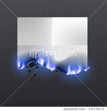 White paper sheet burning from the bottom edge with blue flames and falling ash 142776231