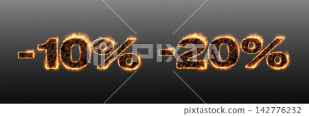 Fiery numbers presenting hot discount and promotion percentages on a transparent background Fiery numbers presenting hot discount and promotion percentages on a transparent background 142776232