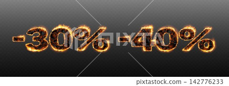 Fiery percentage numbers showing hot sales and price reductions on transparent background 142776233