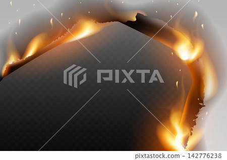 Dark paper edge burning with bright orange fire flames and grey smoke, creating a destructive border Dark paper edge burning with bright orange fire flames and grey smoke, creating a destructive border 142776238