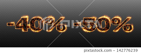 Fiery minus forty and minus fifty percent symbols for hot sales and urgent promotions 142776239