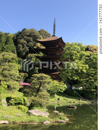 The scenery of the five-story pagoda and Japanese garden at Rurikoji Temple in Yamaguchi Prefecture. The scenery of the five-story pagoda and Japanese garden at Rurikoji Temple in Yamaguchi Prefecture. 142777783