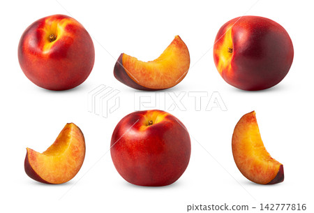 Whole nectarine peach and slice collection isolated. Nectarine fruits on white set. Whole nectarine peach and slice collection isolated. Nectarine fruits on white set. 142777816