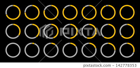 Progress bars. Orange and gray pie chart indicators. Circle diagram icons for infographics from 0 to 100 percent without numbers. Round graph loading progress set. Numberless percentage infographic. Progress bars. Orange and gray pie chart indicators. Circle diagram icons for infographics from 0 to 100 percent without numbers. Round graph loading progress set. Numberless percentage infographic. 142778353