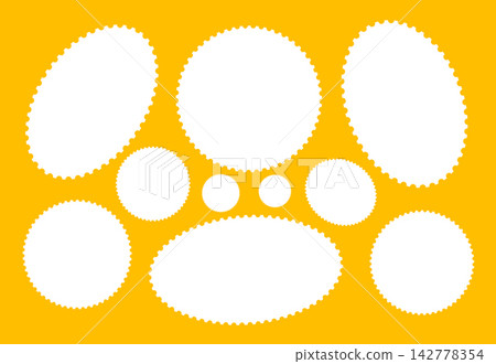 Circle or oval vintage blank stamps set. Coupons, box, label, tag with wavy, wiggly perforated edges. Backdrops for postcards or letters with empty borders. Postage stamp template frames. 142778354