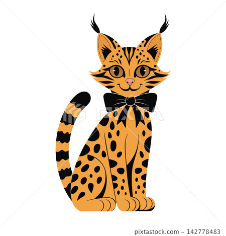 This is an orange and black cartoon serval cat illustration wearing a large black bow tie This is an orange and black cartoon serval cat illustration wearing a large black bow tie 142778483