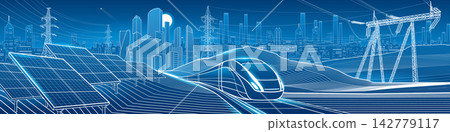 Futuristic smart city panorama with high speed train, solar panels, power lines and modern skyline. Sustainable energy and transportation concept featuring renewable technology, electric infrastructur Futuristic smart city panorama with high speed train, solar panels, power lines and modern skyline. Sustainable energy and transportation concept featuring renewable technology, electric infrastructur 142779117