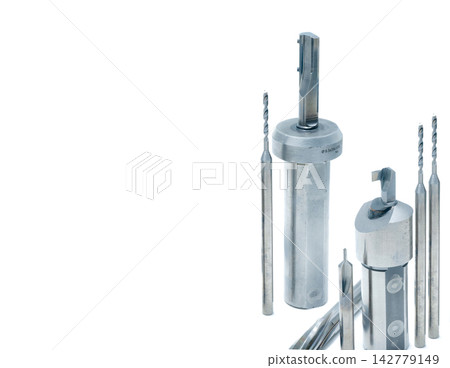 Special tools isolated on white background. Made to order special tools. Step drill, reamer, and endmill detail. Cemented carbide. Carbide cutting tool for industrial applications. Unique tools set. Special tools isolated on white background. Made to order special tools. Step drill, reamer, and endmill detail. Cemented carbide. Carbide cutting tool for industrial applications. Unique tools set. 142779149