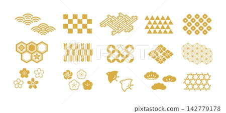 A set of simple Japanese patterns; auspicious Japanese motifs; traditional Japanese patterns; good fortune A set of simple Japanese patterns; auspicious Japanese motifs; traditional Japanese patterns; good fortune 142779178