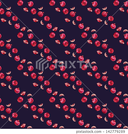Seamless pattern with Pomegranate Fruit and halved pomegranate showing red arils. Hand drawn watercolor illustration of tropical Food with flowers on isolated background. Repeat ornament for textile Seamless pattern with Pomegranate Fruit and halved pomegranate showing red arils. Hand drawn watercolor illustration of tropical Food with flowers on isolated background. Repeat ornament for textile 142779289