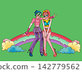 Two friendly, stylish girls sitting on a rainbow against a light green background. 142779562