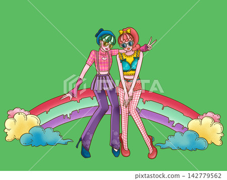 Two friendly, stylish girls sitting on a rainbow against a light green background. Two friendly, stylish girls sitting on a rainbow against a light green background. 142779562