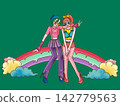 Two friendly, stylish girls sitting on a rainbow against a green background. 142779563
