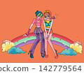 Two stylish, close friends sitting on a rainbow against an orange background. 142779564