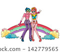 Two friendly, stylish girls sitting on a rainbow against a white background. 142779565