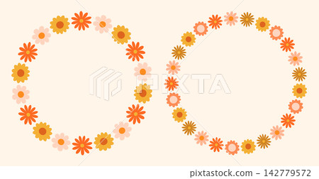 Cute vector daisy flowers circle frame set. Simple geometric groovy floral borders in warm autumn colors for greeting cards and invitations 142779572