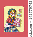 A large cake and a girl; yellow background, red background. 142779742
