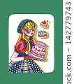 A large cake and a girl; white background, green background. 142779743