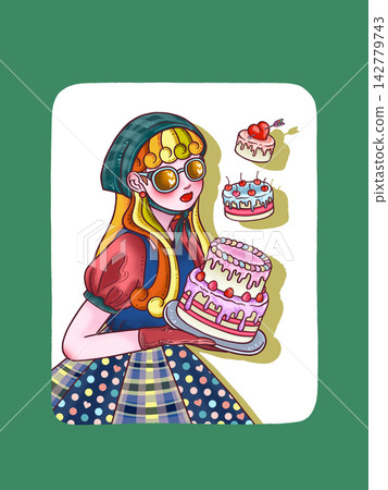 A large cake and a girl; white background, green background. 142779743