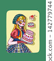 A large cake and a girl; yellow background, green background. 142779744