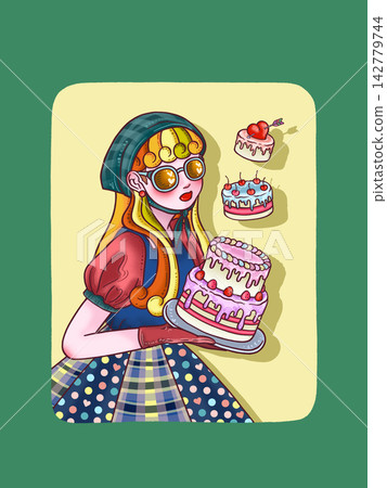 A large cake and a girl; yellow background, green background. A large cake and a girl; yellow background, green background. 142779744