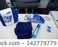 Warsaw, Poland, May 10 2018: Premium economy amenity kit contents displayed on tray table 142779779