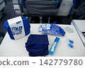 Warsaw, Poland, May 10 2018: Premium economy amenity kit contents displayed on tray table 142779780
