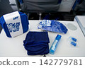 Warsaw, Poland, May 10 2018: Premium economy amenity kit contents displayed on tray table 142779781