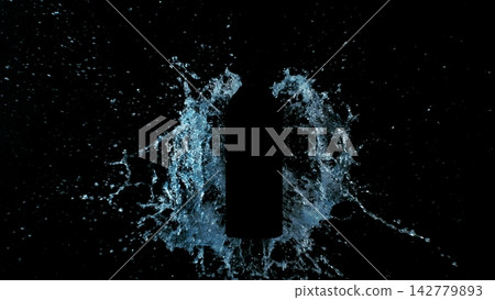 Freeze Motion of Splashing Water on Black Bottle Shape Isolated on Black Background Freeze Motion of Splashing Water on Black Bottle Shape Isolated on Black Background 142779893